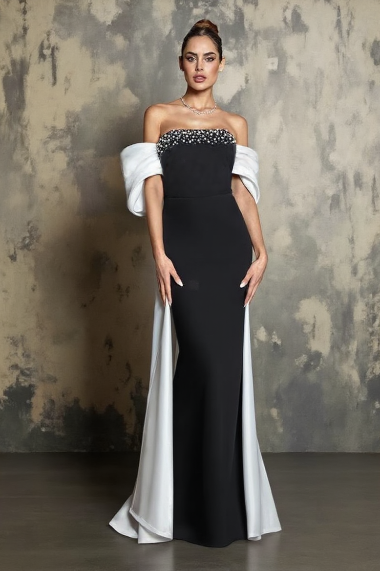 Formal Evening Dress Black White Strapless Maxi Dress