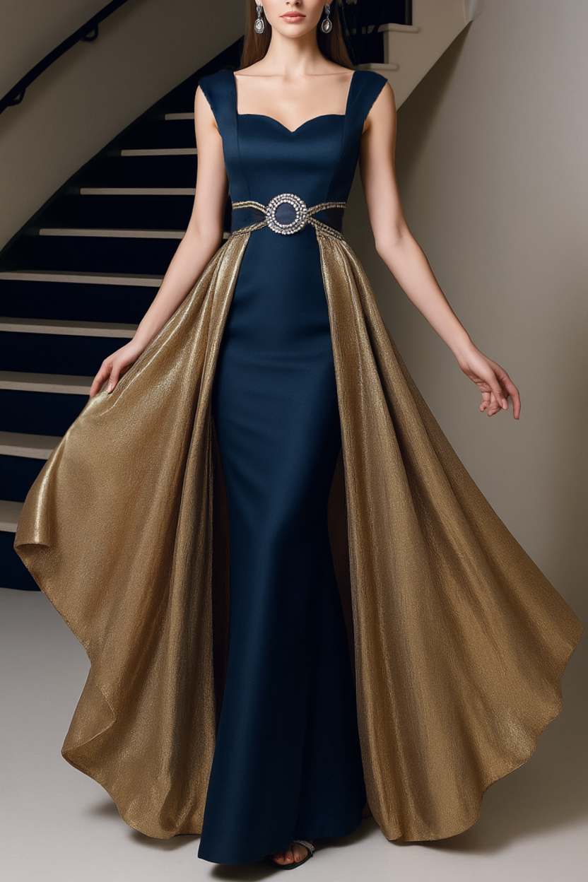 Formal Evening Dress Navy Sweetheart Neck with Train Maxi Dress