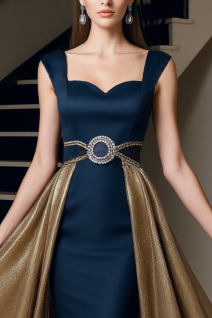 Formal Evening Dress Navy Sweetheart Neck with Train Maxi Dress