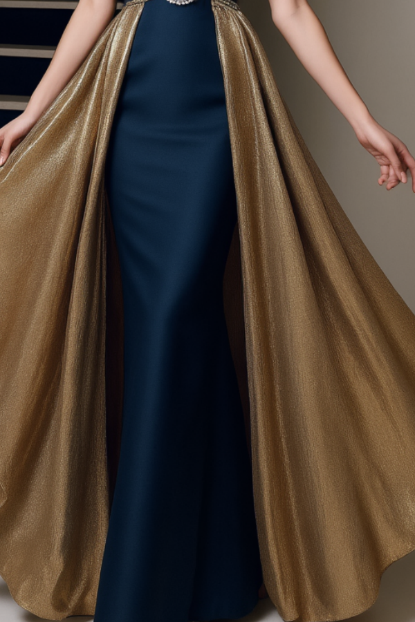 Formal Evening Dress Navy Sweetheart Neck with Train Maxi Dress