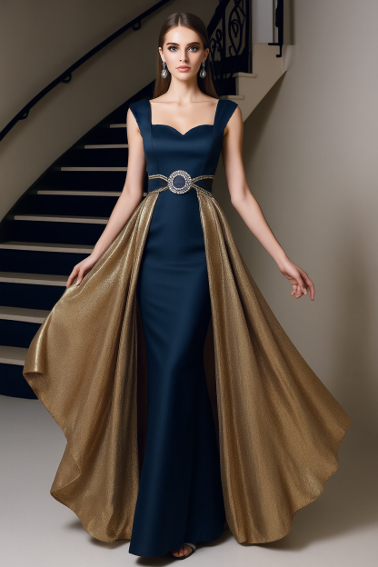 Formal Evening Dress Navy Sweetheart Neck with Train Maxi Dress