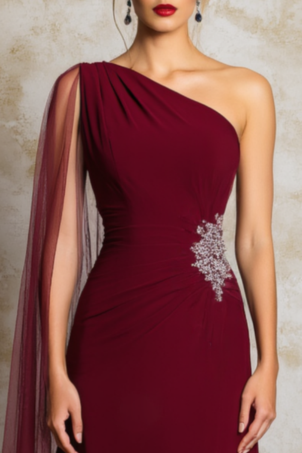 Formal Evening Dress Burgundy One Shoulder Slit Maxi Dress