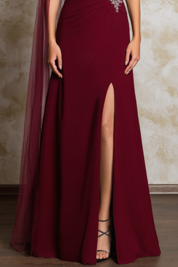 Formal Evening Dress Burgundy One Shoulder Slit Maxi Dress