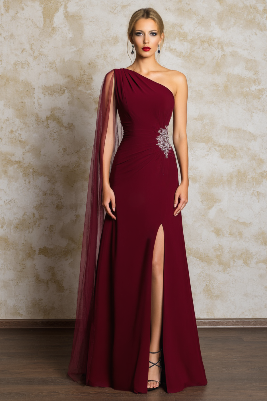 Formal Evening Dress Burgundy One Shoulder Slit Maxi Dress