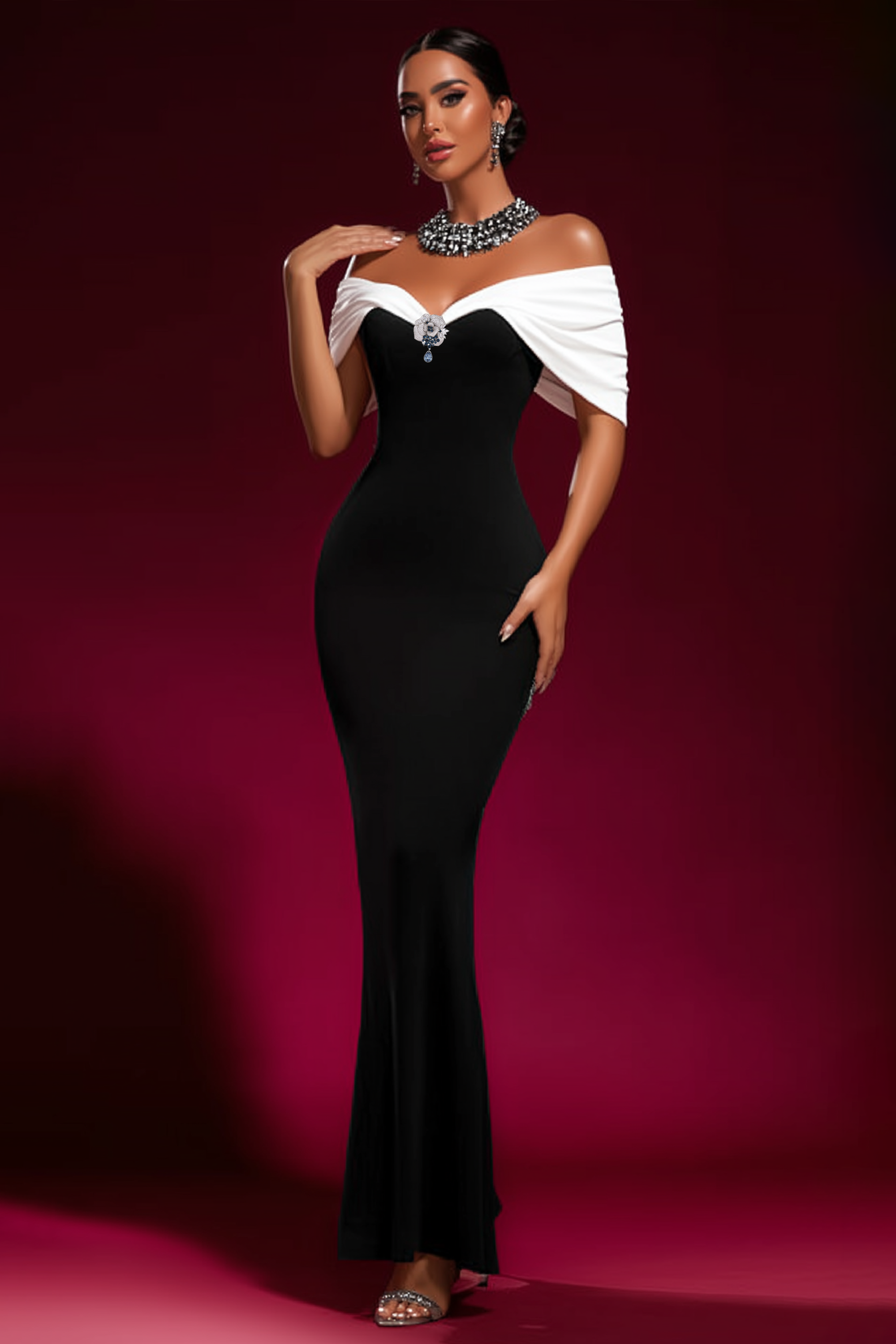 Formal Evening Dress Black White Off Shoulder Maxi Dress