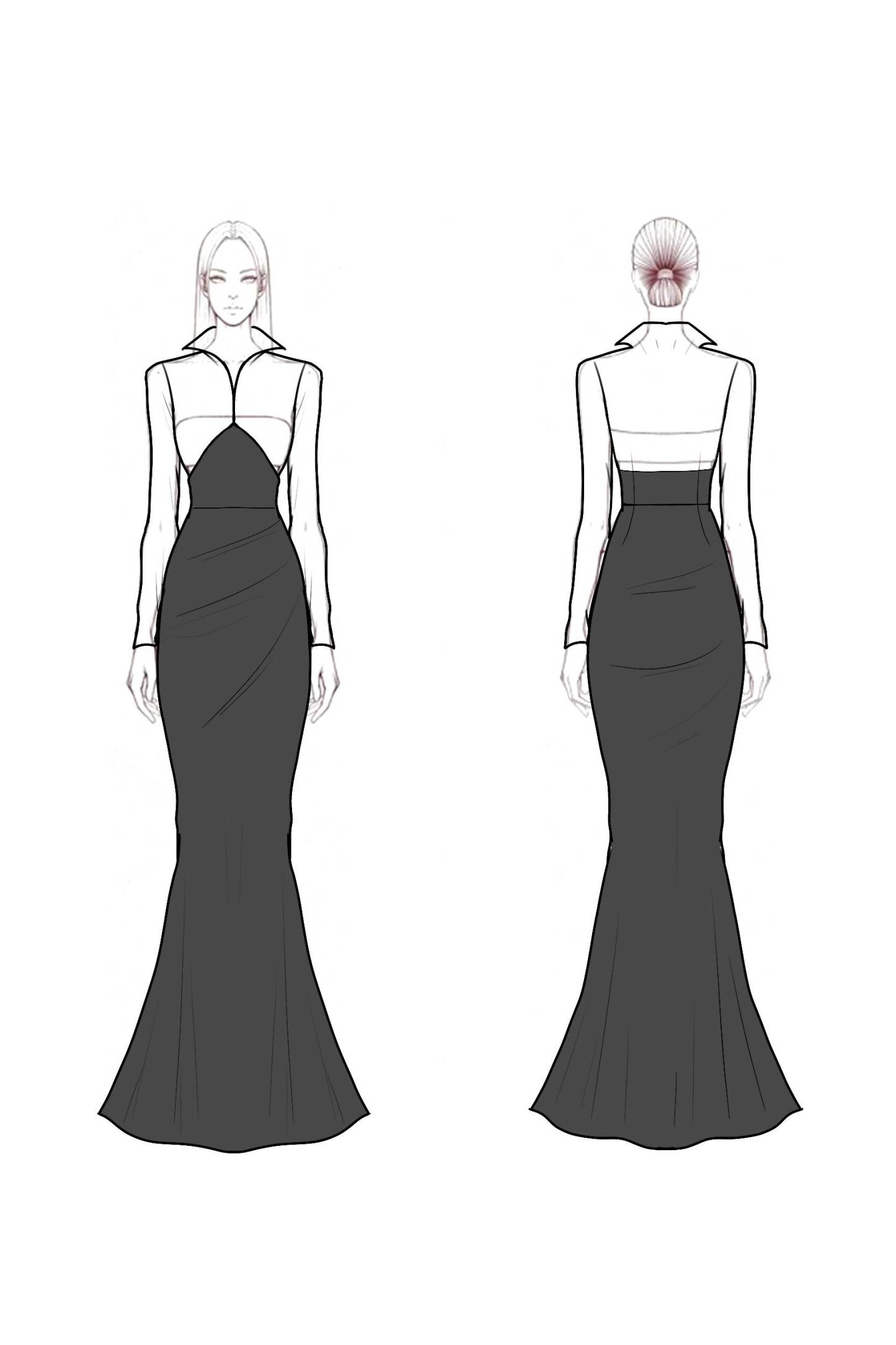 Formal Evening Dress Black White Shirt Collar Maxi Dress