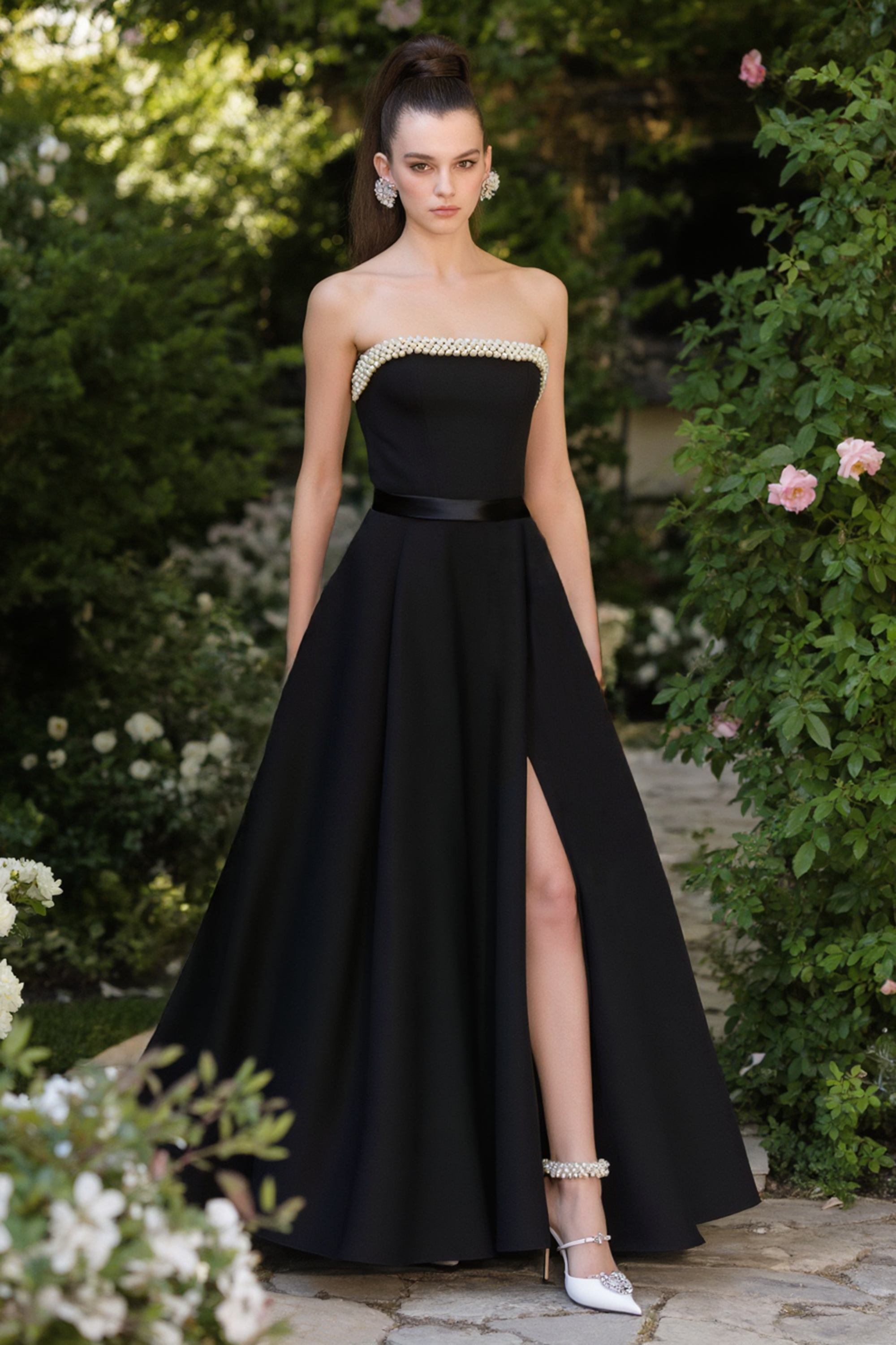 Formal Evening Dress Black Strapless Belted Maxi Dress