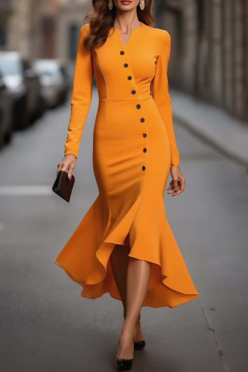 Orange work dress with split neck and ruffle details
