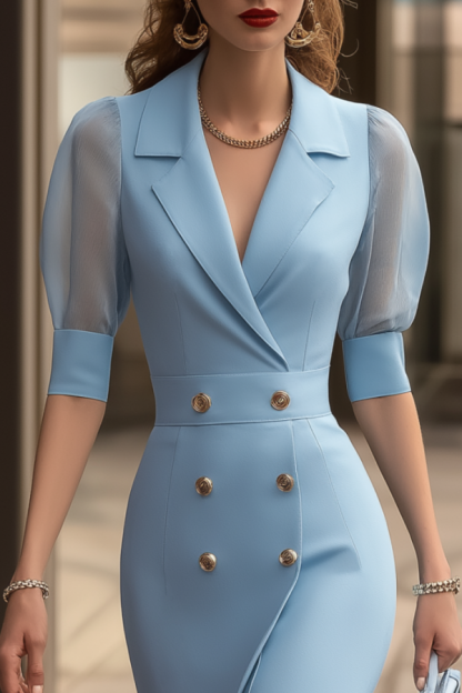 Work Dress Blue Lapel Double Breasted Midi Dress