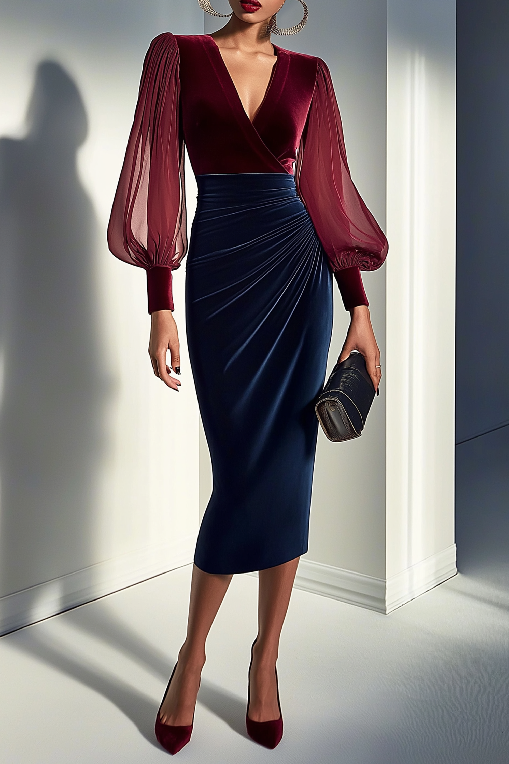 Cocktail Dress Burgundy V Neck Midi Velvet Dress