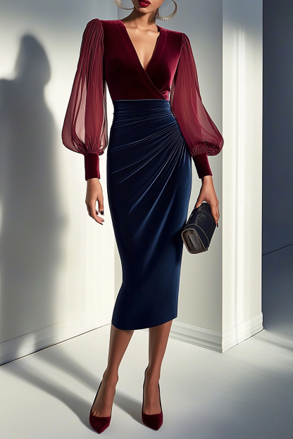 Cocktail Dress Burgundy V Neck Midi Velvet Dress