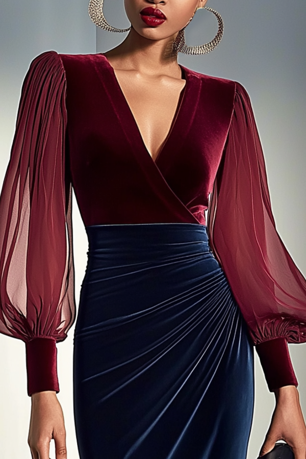Cocktail Dress Burgundy V Neck Midi Velvet Dress