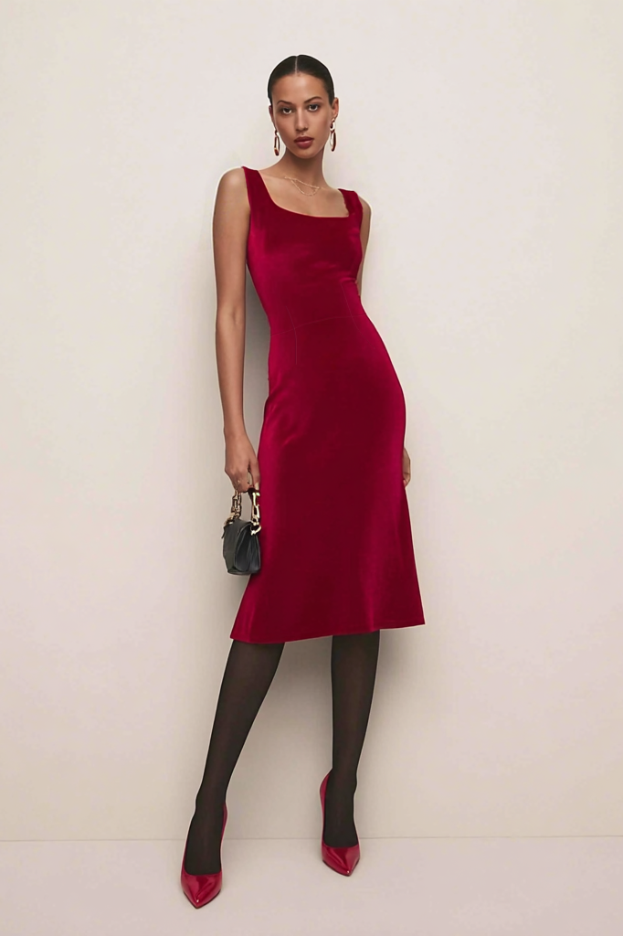 Cocktail Dress Burgundy Square Neck Midi Velvet Dress
