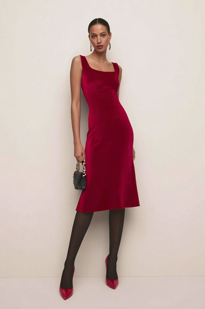 Cocktail Dress Burgundy Square Neck Midi Velvet Dress