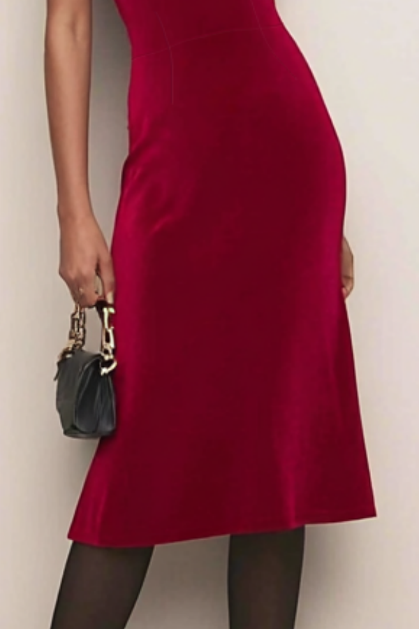 Cocktail Dress Burgundy Square Neck Midi Velvet Dress