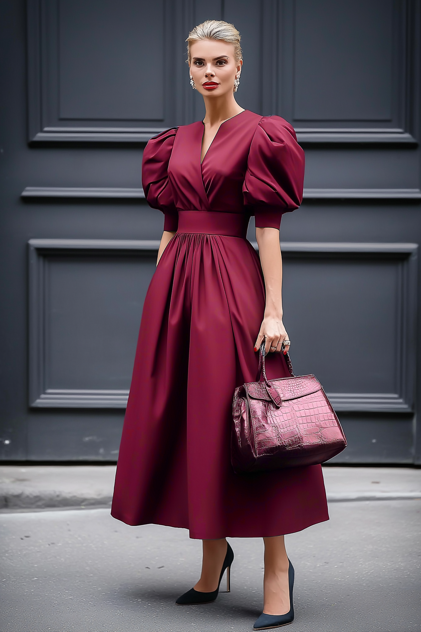 Cocktail Dress Burgundy Split Neck Midi Dress