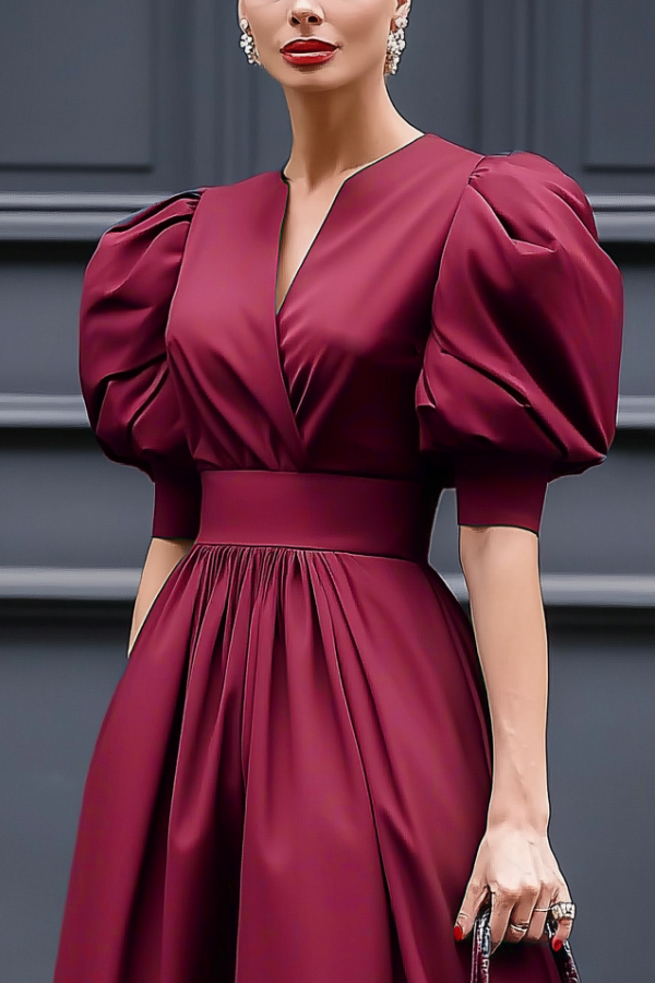 Cocktail Dress Burgundy Split Neck Midi Dress