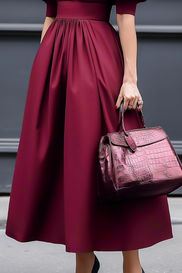 Cocktail Dress Burgundy Split Neck Midi Dress