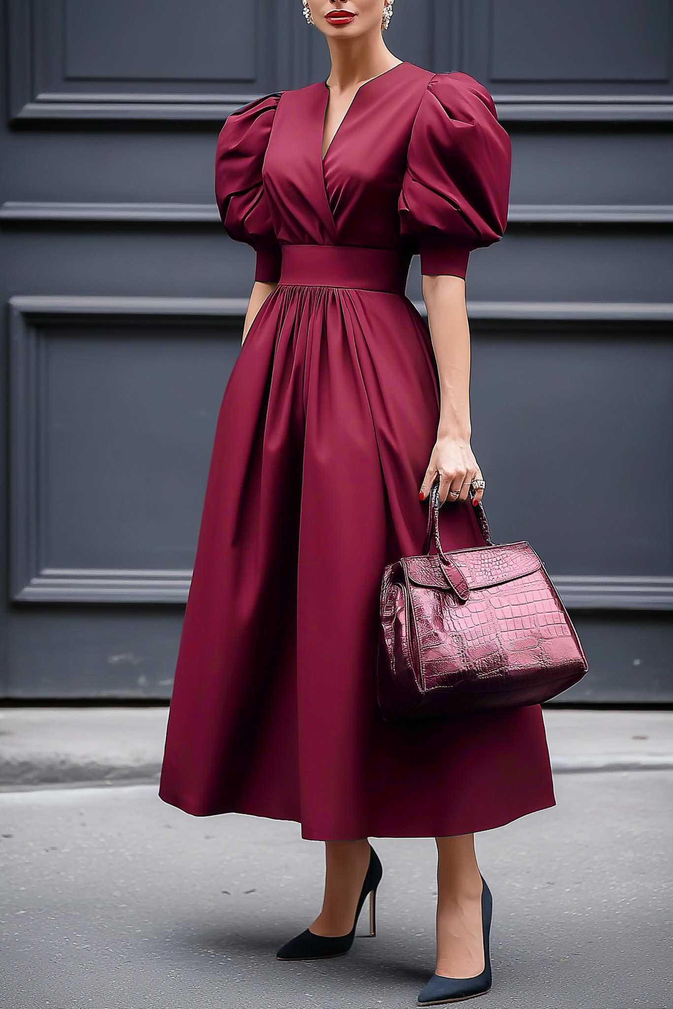 Cocktail Dress Burgundy Split Neck Midi Dress