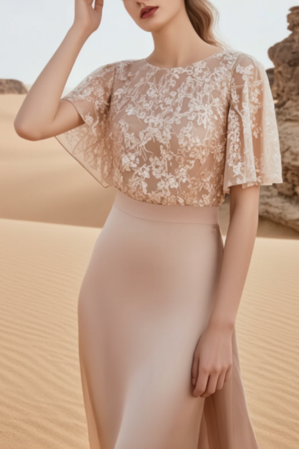 Evening Dress Pink Crew Neck Lace Maxi Dress