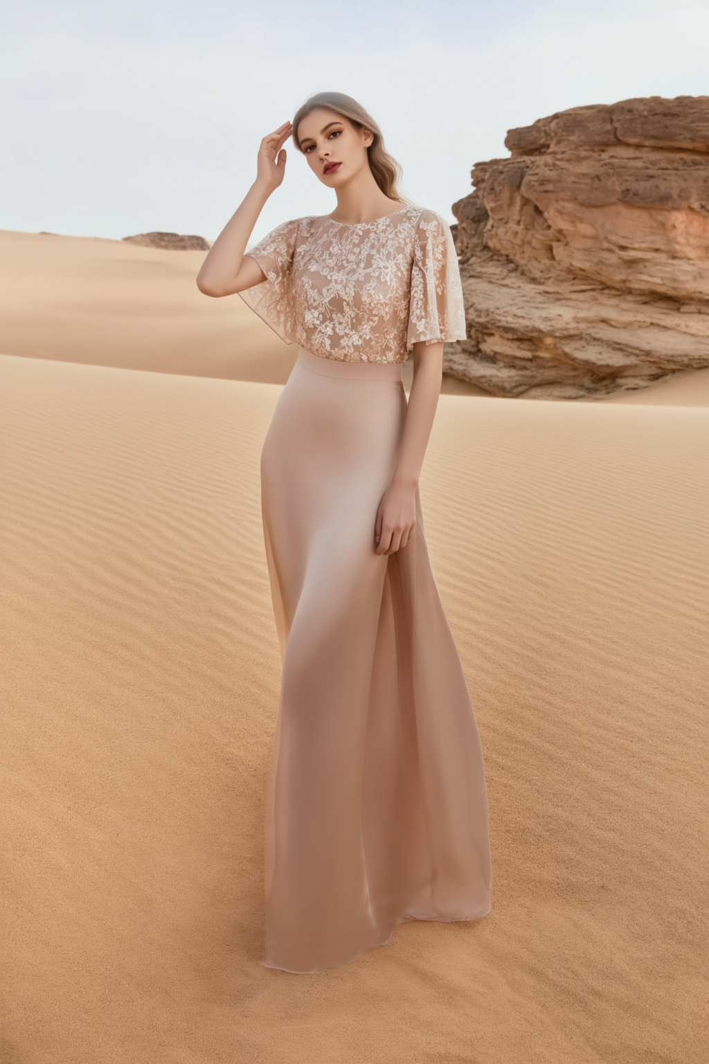 Evening Dress Pink Crew Neck Lace Maxi Dress