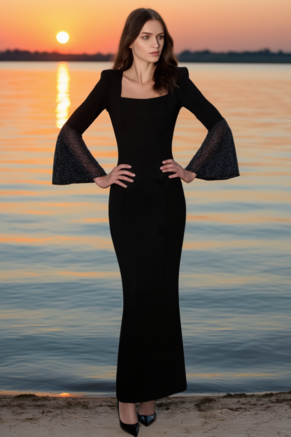 Evening Dress Black Square Neck Flare Cuff Sleeve Maxi Dress