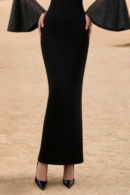 Evening Dress Black Square Neck Flare Cuff Sleeve Maxi Dress