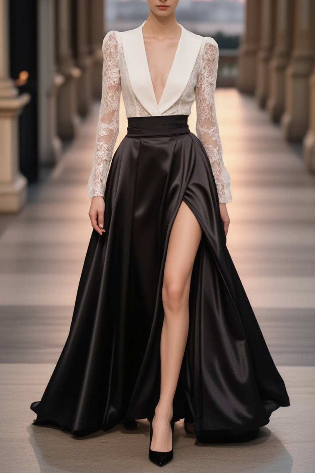 Evening Dress Black White Deep V Slit Maxi Dress