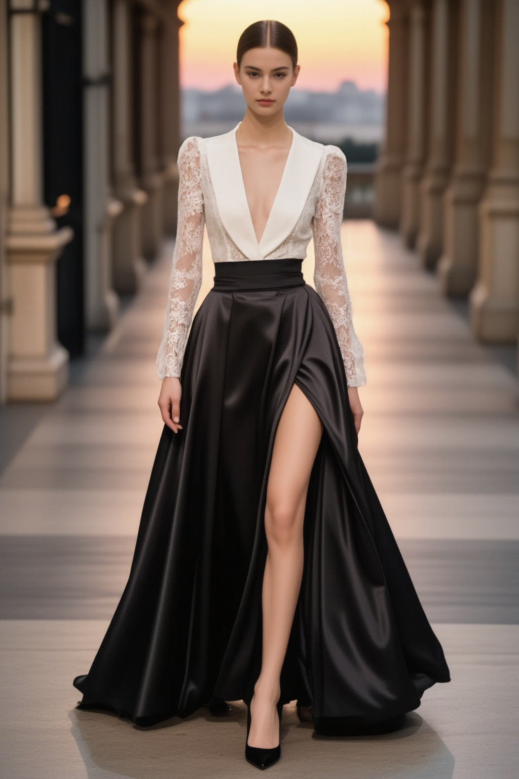 Evening Dress Black White Deep V Slit Maxi Dress