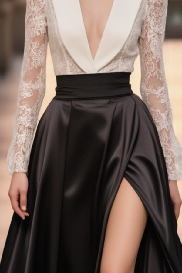 Evening Dress Black White Deep V Slit Maxi Dress