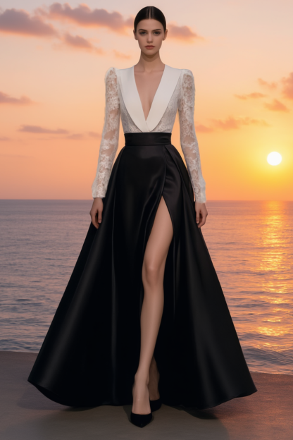 Evening Dress Black White Deep V Slit Maxi Dress