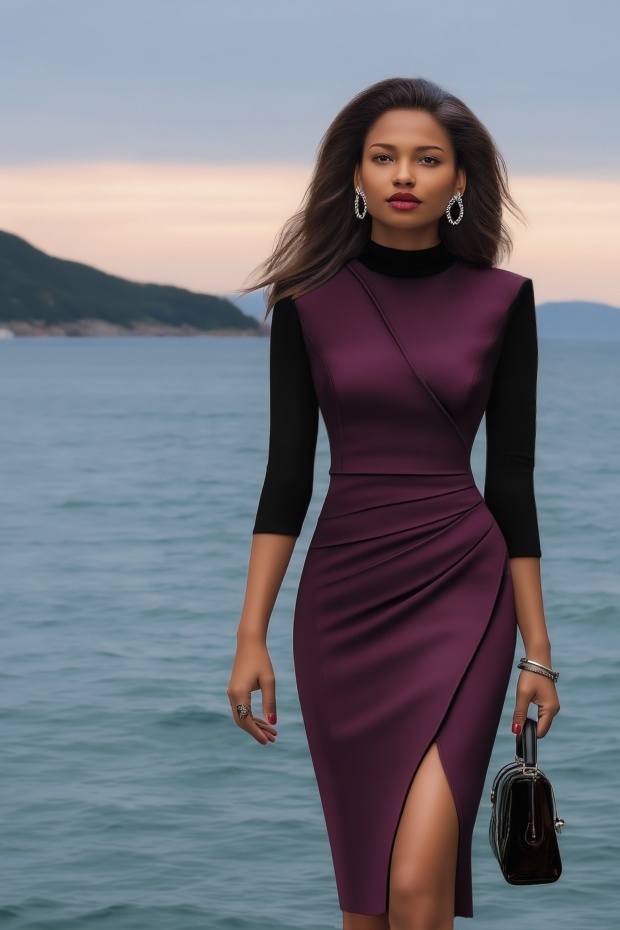 Work Dress Purple Stand Neck Knee-Length Dress