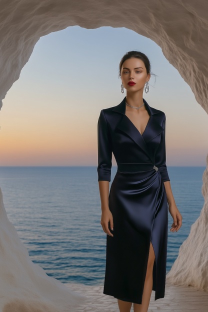 Work Dress Navy Lapel Knee-Length Satin Dress