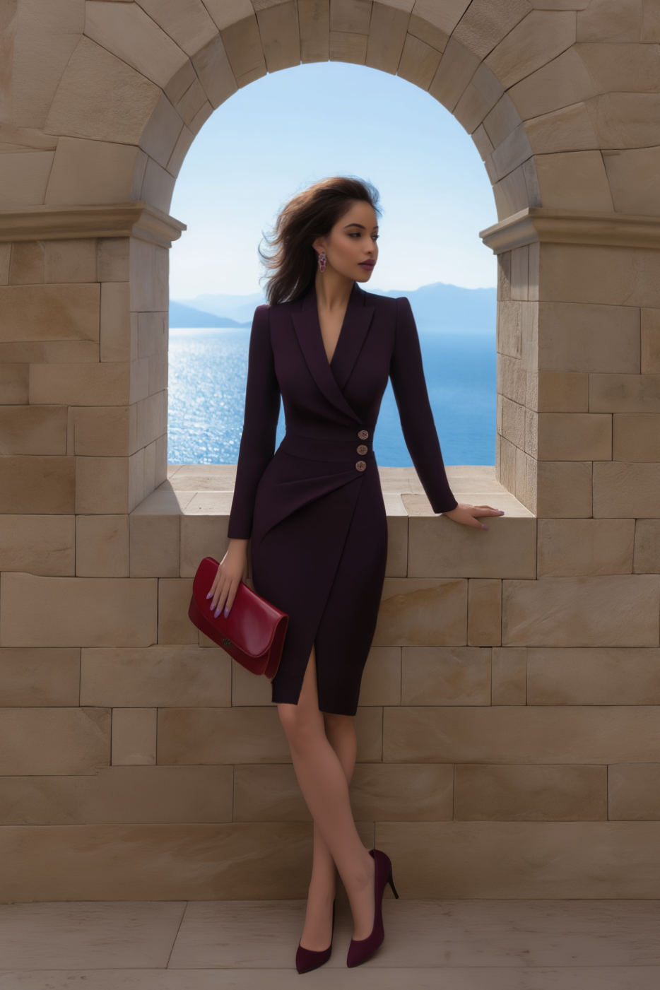 Work Dress Deep Purple Lapel Knee-Length Dress