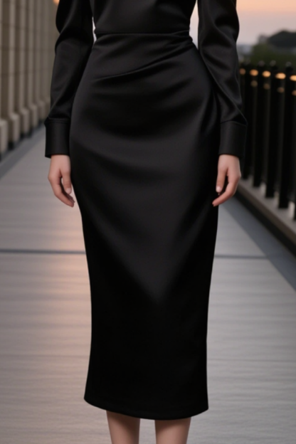 Cocktail Party Dress Black Halter Neck Midi Long Sleeve Dress