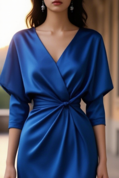 Cocktail Party Dress Blue V Neck Midi Half Sleeve Satin Dress