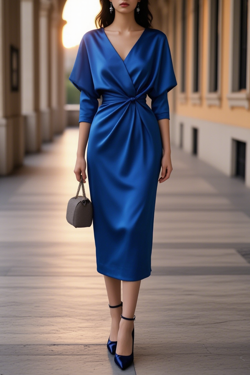 Cocktail Party Dress Blue V Neck Midi Half Sleeve Satin Dress