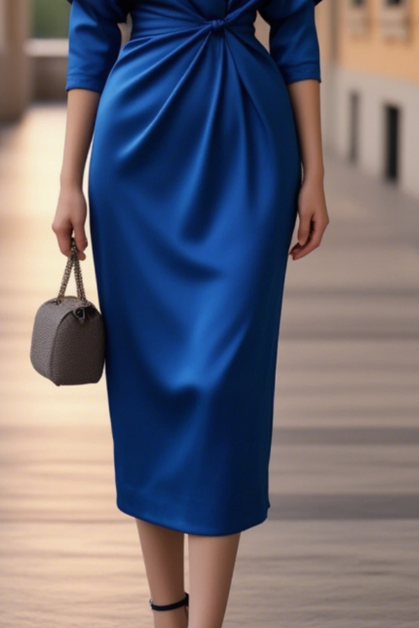Cocktail Party Dress Blue V Neck Midi Half Sleeve Satin Dress