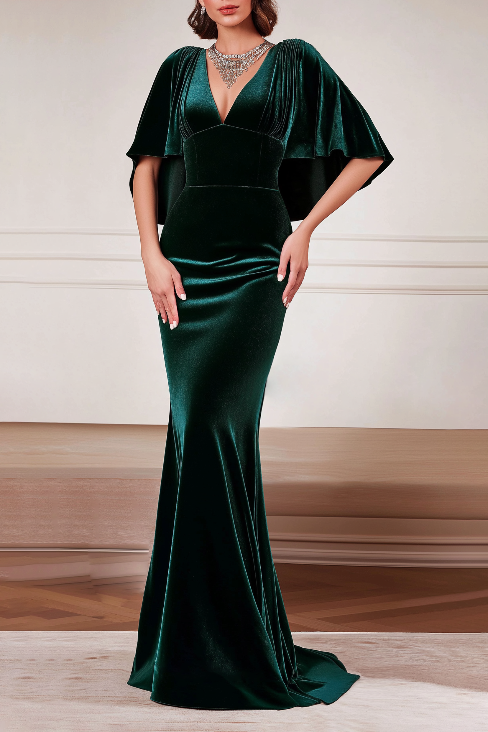 Formal Green Velvet Dress V Neck Cape Maxi Mother of the Bride Dress