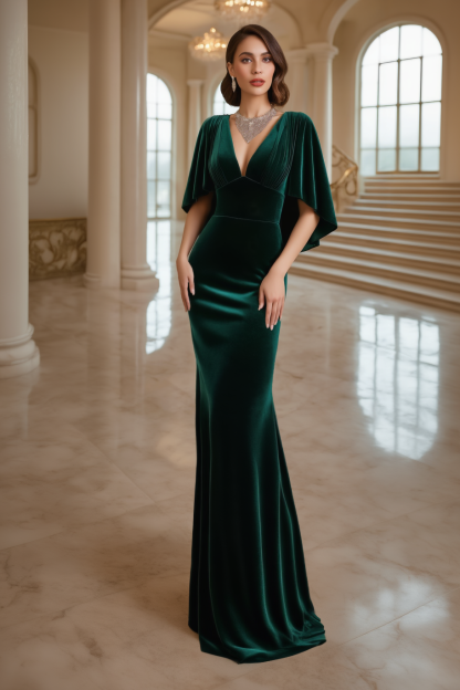 Formal Evening Dress Green V Neck Velvet Maxi Dress