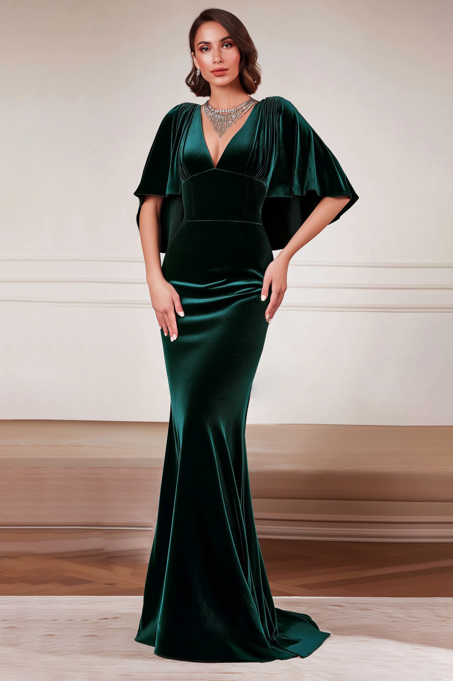 Formal Evening Dress Green V Neck Velvet Maxi Dress