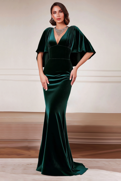 Formal Evening Dress Green V Neck Velvet Maxi Dress