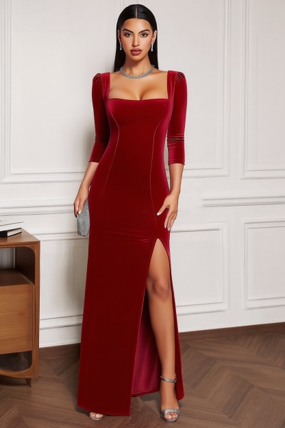 Formal Evening Dress Red Square Neck Long Sleeve Velvet Maxi Dress