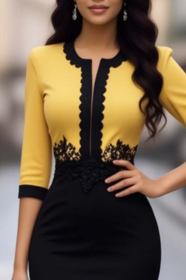 Work Dress Yellow Crew Neck Colorblock Knee-Length Dress