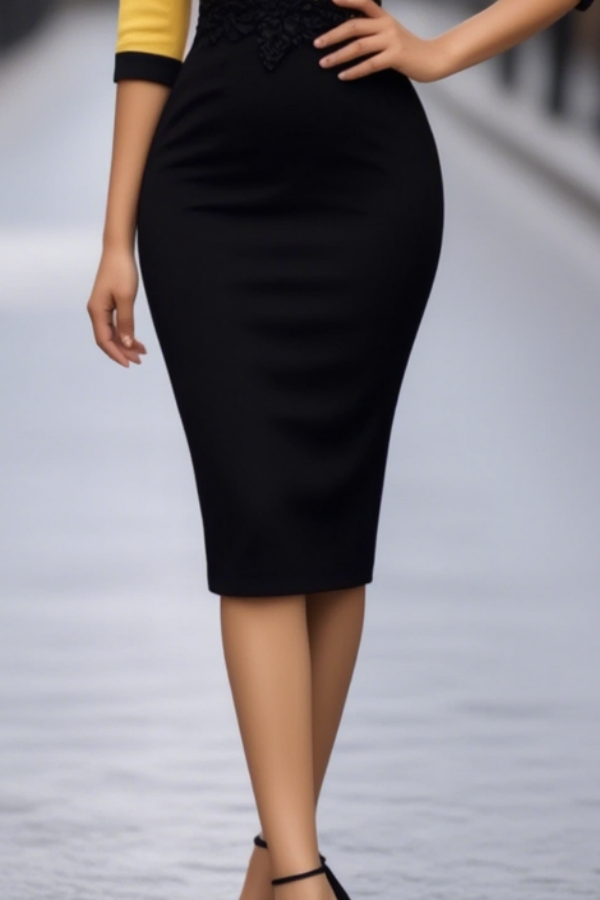 Work Dress Yellow Crew Neck Colorblock Knee-Length Dress