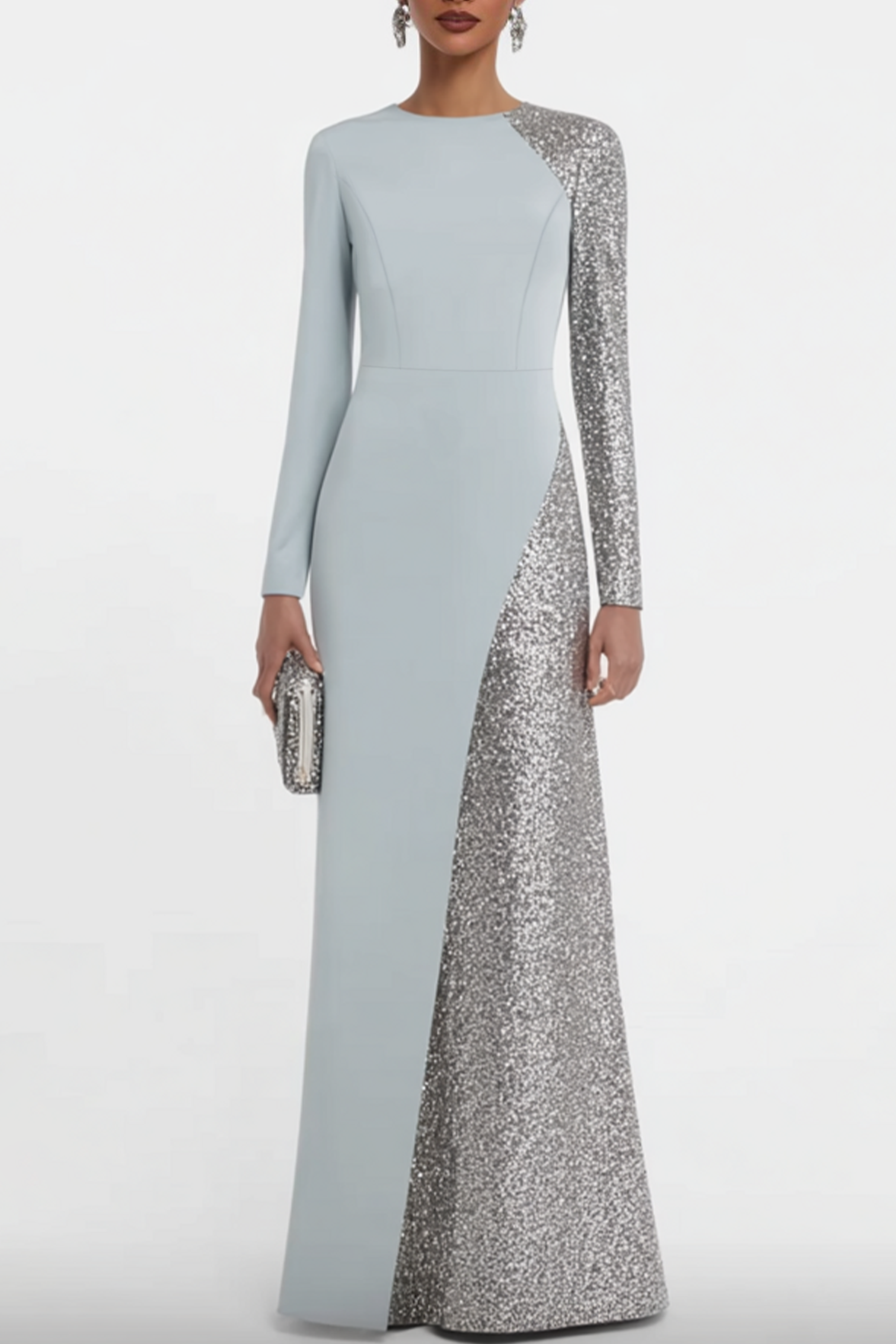 Formal Evening Dress Blue Crew Neck Maxi Long Sleeve Dress