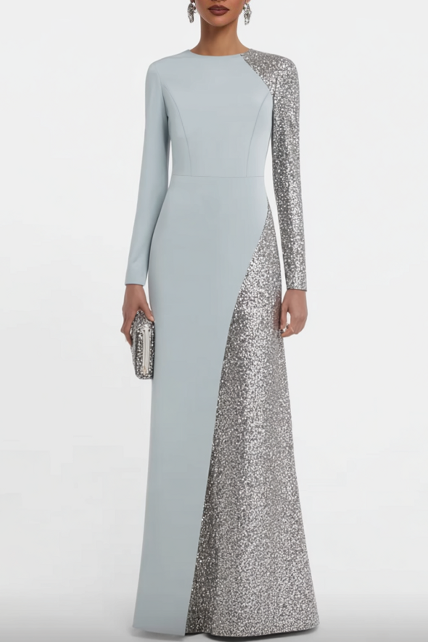 Formal Evening Dress Blue Crew Neck Maxi Long Sleeve Dress