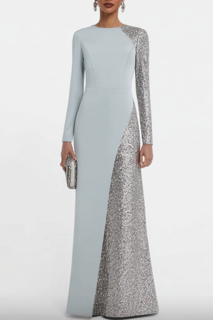 Formal Evening Dress Blue Crew Neck Maxi Long Sleeve Dress