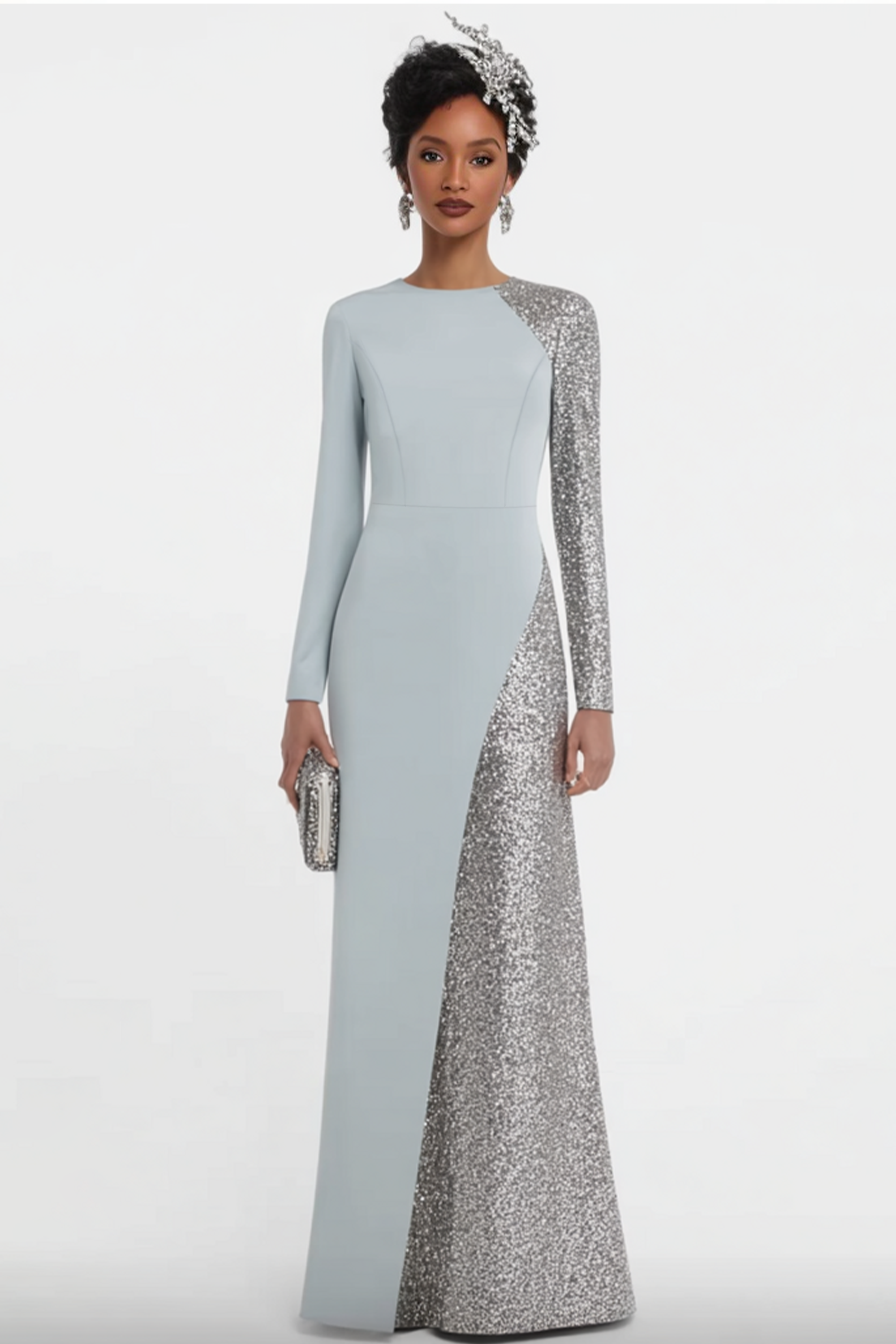 Formal Evening Dress Blue Crew Neck Maxi Long Sleeve Dress