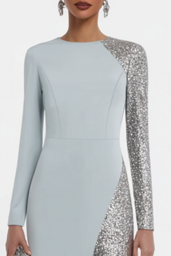 Formal Evening Dress Blue Crew Neck Maxi Long Sleeve Dress